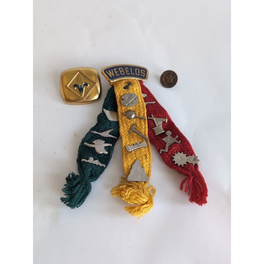 Vtg BSA Cub Scout Webelos Tri color ribbon 16 Activity Pins PLUS